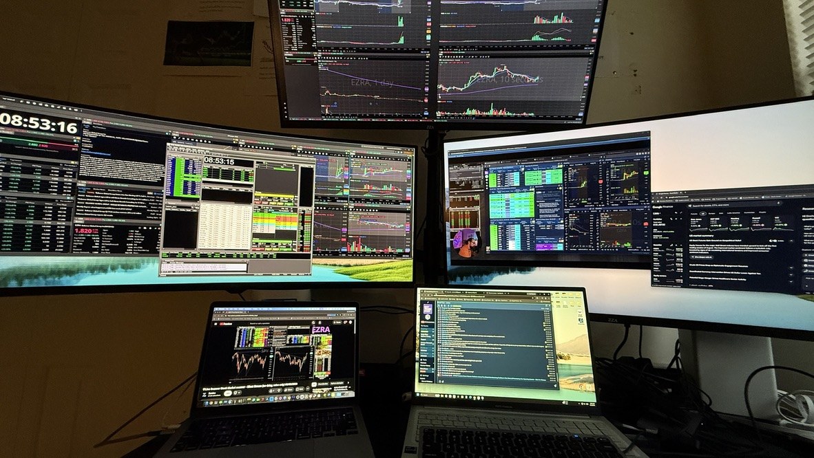 Multi-screen office setup used for momentum scanning, charts and trade execution
